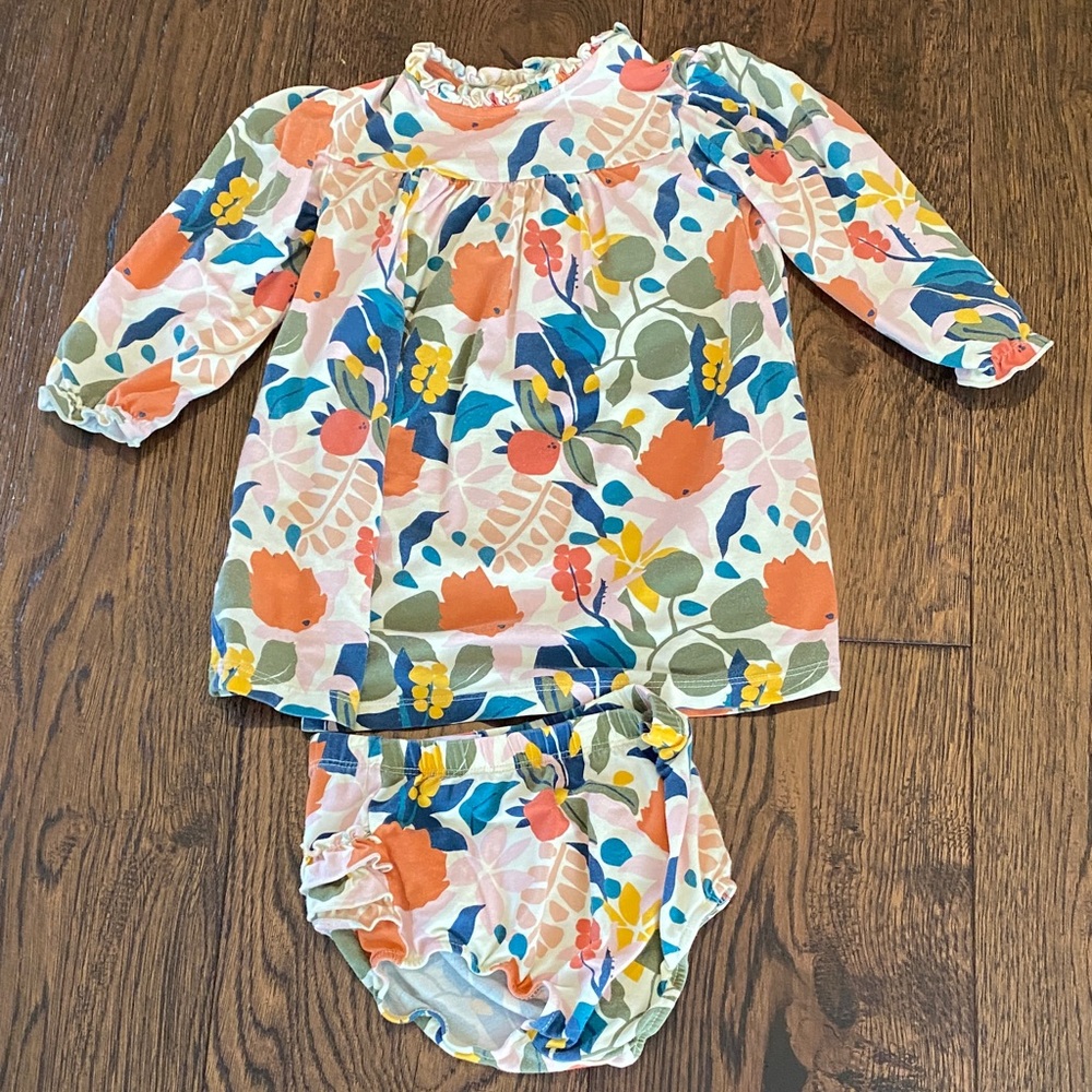 Super Soft Floral Long-Sleeve Baby Dress with Matching Bloomers - Sz 12-18